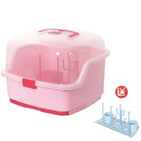奶瓶收纳盒宝宝奶瓶收纳箱防尘奶粉盒餐具沥水晾干架奶瓶架奶瓶刷 A款粉色 送支架