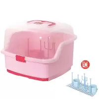 奶瓶收纳盒宝宝奶瓶收纳箱防尘奶粉盒餐具沥水晾干架奶瓶架奶瓶刷 A款粉色 送支架
