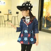 女童秋款牛仔上衣女童新款款牛仔外套女孩印花格子2020牛仔风衣潮 蓝红色花朵（春秋单层） 110码适合身高100cm