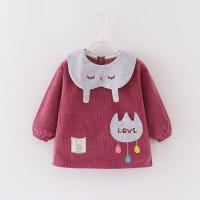 宝宝罩衣纯棉灯芯绒吃饭围兜秋冬儿童防水围裙幼儿长袖防脏反穿衣 石榴红[条绒猫咪领] 80 [建议70-80cm]