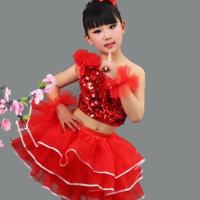 儿童套装蓬蓬裙纱裙女童公主裙幼儿园演出服表演舞蹈服亮片童装女 红色 130