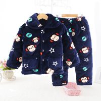 冬季三层夹棉儿童睡衣加厚款男童1-14岁男童女孩中大童法兰绒套装 小猴子夹棉加绒 80cm[6码]