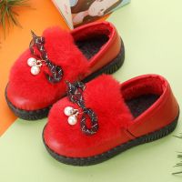 儿童棉鞋女童鞋皮面防水冬韩版加棉珍珠公主鞋毛毛鞋中大小童棉鞋 儿童棉鞋红色 36码内长约21.5CM