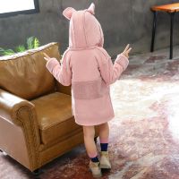 中长款女童外套加绒加厚韩版可爱女宝宝风衣儿童大衣秋冬呢大衣 耳朵麂皮绒粉色 110 110码适合身高100