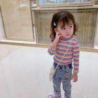 女童打底衫春秋装新款彩虹条纹宝宝长袖T恤儿童秋冬装加绒上衣潮 高领彩虹条粉色 80