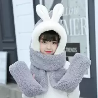 冬季新款皮草兔护耳帽子围巾手套三件一体女学生加厚保暖儿童围脖 儿童款皮草兔儿-灰色