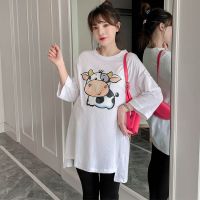 孕妇套装春装时尚款怀孕期外穿上衣女中长款T恤夏季孕妇装两件套[2月28日发完] 白色奶牛上衣 M