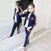 女童春装套装2021大童时髦运动衣服儿童洋气套装女孩春秋款三件套 胸标五角星 藏青色 73
