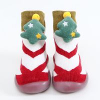 毛圈加绒加厚学步鞋秋冬童鞋男女宝宝袜地板袜鞋儿童软底防滑早教 红色 V型圣诞树[毛圈粘花款] 内长11.5cm 18/1