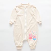 儿童连体睡衣春秋卡通女童家居服宝宝睡袋纯棉夏季薄款婴儿空调服 [米色细条]彩棉小猪佩奇 80码建议身高75-85