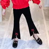 [加绒]女童裤子秋冬加厚2020新款黑色喇叭裤学生装休闲长裤 开叉红色喇叭裤单裤 100