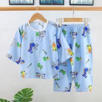 儿童睡衣套装夏季男童女童棉绸婴儿宝宝小孩男孩女孩夏天中大童装 jmiouy01 鳄鱼小汽车 73 码(建议小于73cm)