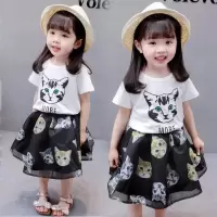 母女套装亲子装春夏装2021夏款一家三口猫咪潮短袖T恤连衣裙套装 猫咪 白T加黑裙 90（建议身高85-95）