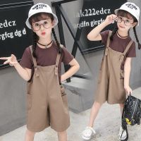童装女童秋装2020新款儿童背带裤套装大童洋气时髦韩版潮衣两件套 咖啡色 短袖背带套装 110码适合105厘米穿