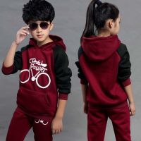 新款秋冬款卫衣加绒套装男女童童装小中大童时尚卫衣休闲运动套装 自行车-酒红色 110码建议身高90-100厘米