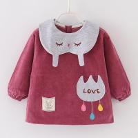 儿童罩衣秋冬季宝宝纯棉灯芯绒反穿衣洋气防水防脏衣幼儿园吃饭衣 石榴红[条绒兔兔领] 90 建议[80-90]