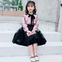 女童纱裙套装春秋装新款秋季小女孩裙子秋中大童洋气套装裙两件套 粉红色 110 偏小一码