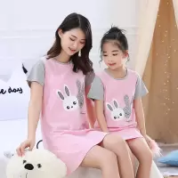 纯棉新款亲子睡裙亲子款纯棉短袖家居服女童睡裙女生睡裙夏季薄款 粉红色 纯棉睡裙-双色灰粉兔 110 建议身高100左右