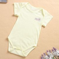 夏季婴儿0-3岁纱布三角哈衣男女宝宝短袖包屁衣薄连体衣服夏装 提花棉布款-黄 59