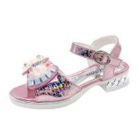 2021夏季新款女童平底凉鞋儿童露趾小女孩中大童蝴蝶结水钻公主鞋[3月1日发完] 粉红色 26码/内长16.0厘米