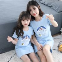 儿童睡衣夏季薄款童装纯棉女童睡裙公主中大童卡通母女亲子家居服 蓝色机器猫 110码建议身高100左右