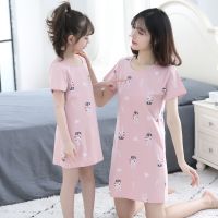儿童睡裙夏季女童纯棉短袖亲子宝宝簿款小女孩公主中大童母女睡衣 爱心兔 豆粉色 100 码(建议身高90左右)
