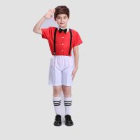 六一男童女童表演背带裤儿童礼服小学生校服幼儿园大合唱演出服装 红色短裤 110
