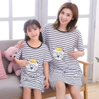 女童纯棉睡裙短袖夏季薄款女孩公主裙亲子装母女睡衣中大童家居服[2月26日发完] 典雅黑色 条纹猫(宽松版 ) 100 身