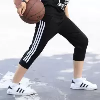 纯棉男童七分裤夏薄款中大童韩版儿童中裤运动休闲短裤外穿潮马裤 拉三条中裤黑色白条 120cm 22码