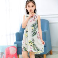新款夏季儿童睡裙小女孩薄款棉绸睡衣中大童女童绵绸公主裙连衣裙 淡碎花 背心裙 宝 100 适合85-95厘米