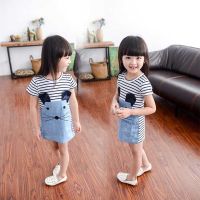 童装女童夏装2020新款小女孩夏季条纹连衣裙儿童宝宝短袖连衣裙 天蓝色 条纹牛仔裙蓝色 80 建议0-1岁
