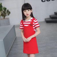 夏季女童韩版童装条纹短袖连衣裙大童假两件公主裙女孩裙子亲子装 红色 吊牌100 参考身高90cm