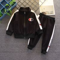 男童春装运动套装2020新款小女孩子洋气春秋季衣服男孩帅气韩版潮 秋装白条圆标黑色 80 [收藏宝贝,优先发货]