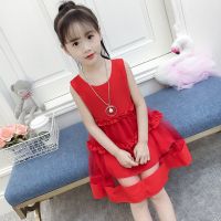 女童连衣裙2019新款韩版夏装儿童裙子长裙公主裙女孩洋气纱裙夏潮 荷花边红色 110
