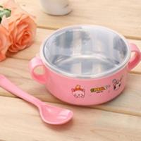 婴儿不锈钢防摔碗辅食双耳碗勺套装不锈钢吸盘碗儿童训练筷子 粉色不锈钢碗+勺子+盖子