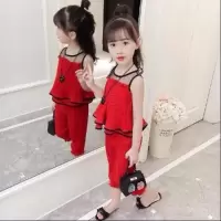 网红女童夏装2021新款韩版儿童雪纺套装洋气宝宝时髦小女孩两件套 红色 90尺码(偏小一码)