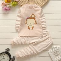 [40支精梳彩棉]80-110cm秋冬天然彩棉儿童肩开扣男女童家居服 咖色小猴彩棉套装 55# 适合身高80-90cm