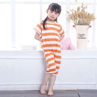 中大童连体睡衣夏季薄款儿童睡袋男童纯棉女童短袖宽松宝宝连体衣 橙色 7101#套头环保按扣 95 建议宝宝身高95厘米左