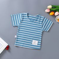 儿童短袖宝宝t恤T恤夏装纯棉半袖打底衫女童男宝宝短袖上衣居家 孔雀蓝 蓝色宽条 73 身高66-73厘米