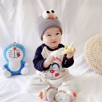 新生婴儿连体衣秋冬装加绒外穿男女宝宝保暖冬季加厚外出哈抱衣服 长袖叮当猫爬服 藏蓝单层纯棉 52