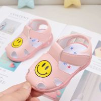 夏季女宝宝凉鞋0-1-2岁包头女童公主鞋婴儿叫叫鞋小孩学步鞋软底 2053笑脸带叫粉色 16码内长12cm