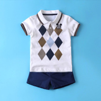 童装男童夏装套装宝宝纯棉polo衫中小儿童夏季t恤短袖套装韩版潮 米白菱形套装 73码