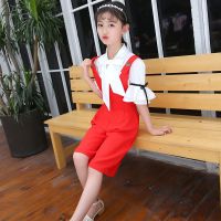 女童套装夏2020新款韩版网红洋气时髦儿童两件套中大童休闲小女孩 红色 背带中裤+中袖衬衫套装 110 110码适合10
