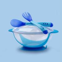儿童筷子碗防摔烫餐具套装宝宝吸盘研磨碗训练筷感温软勺叉子餐具 蓝色[勺子+叉子+盖子+碗]