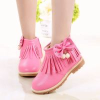 女童短靴2020童鞋秋冬儿童靴子流苏女孩冬季加绒棉鞋二棉软底皮靴 T38粉色 21码-内长13.5厘米
