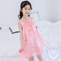 儿童睡衣女童睡裙公主棉绸薄款女孩吊带裙可爱连衣裙母女睡衣女夏 玫红色 粉色大白兔兜DX 100 参考身高85-95CM