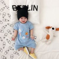 男宝宝夏天衣服短袖连体衣婴儿夏装女6夏季薄款新生儿0-3个月哈衣 蓝色123闭裆连体衣 90码