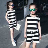 女童短袖套装夏2020新款洋气中大童网红两件套女孩夏季运动套装潮 黑色条纹[套装] 110