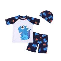 儿童泳衣男童分体防晒泳衣男孩韩版分体温泉泳衣带泳帽速干套装 白色 m(建议90-100cm)