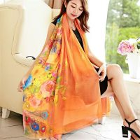 [买1送1]丝巾女春秋新款雪纺披肩外套围巾两用沙滩巾纱巾围脖女[3月2日发完] 羽毛-橘色 150cm*45cm